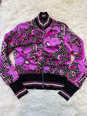 Y2K Alice & Trixie 100% silk pink purple abstract ruched bomber jacket medium